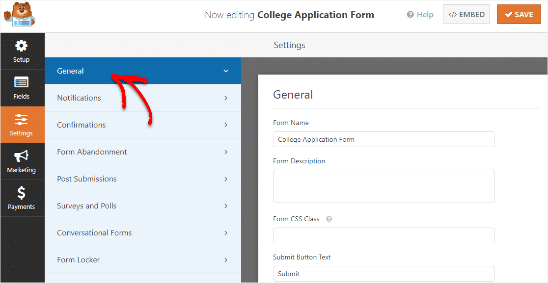settings for college applications form