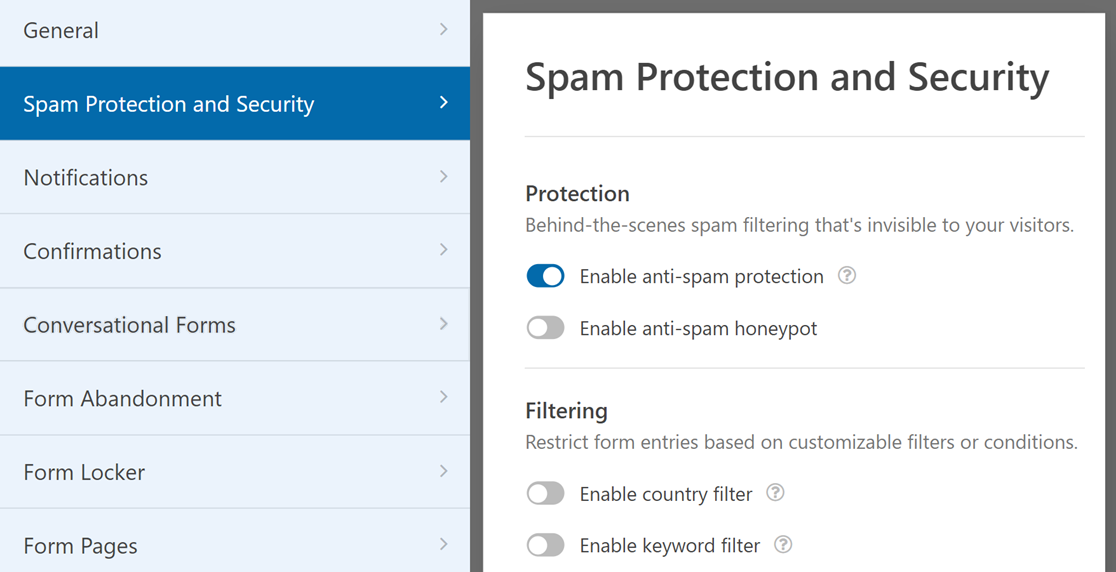 Spam protection and Security settings
