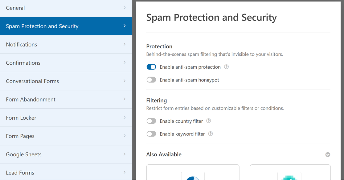 Spam protection and Security settings