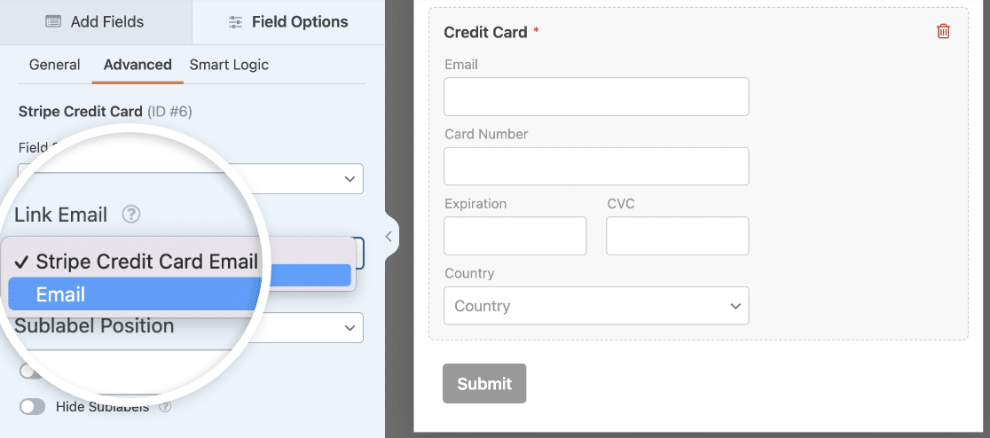 Changing the Stripe Credit Card Field Link Email field
