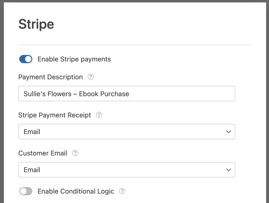 Filling out Stripe payment settings 