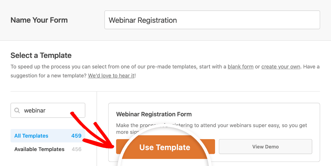 Choosing the Webinar Registration Form template