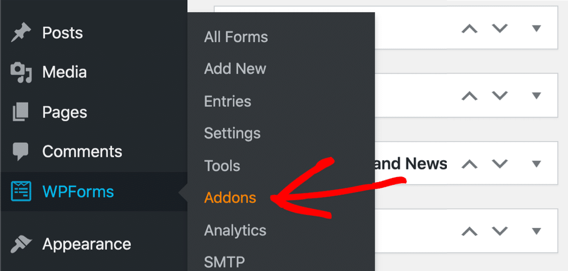Open WPForms addons menu to add user submitted events