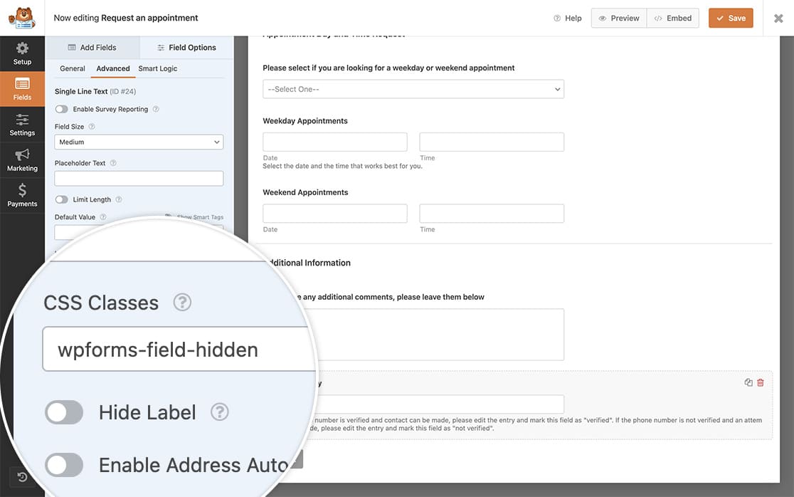 Add your CSS class to the form field so we can hide this field from our form