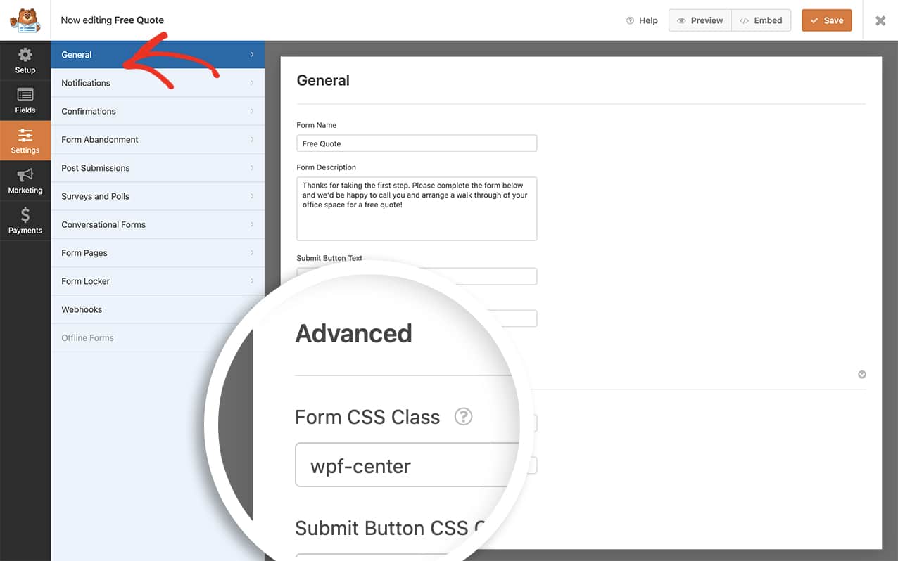 Add the CSS Class name to the correct field in order to center the form