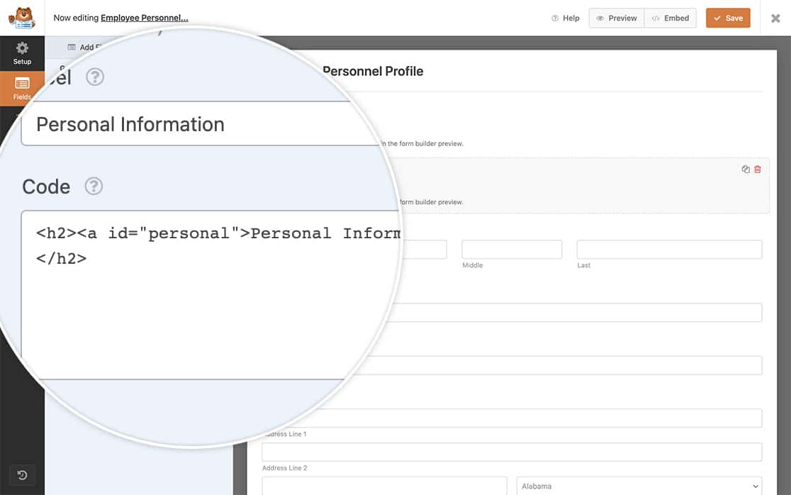 Add your heading and links to each section of your form.