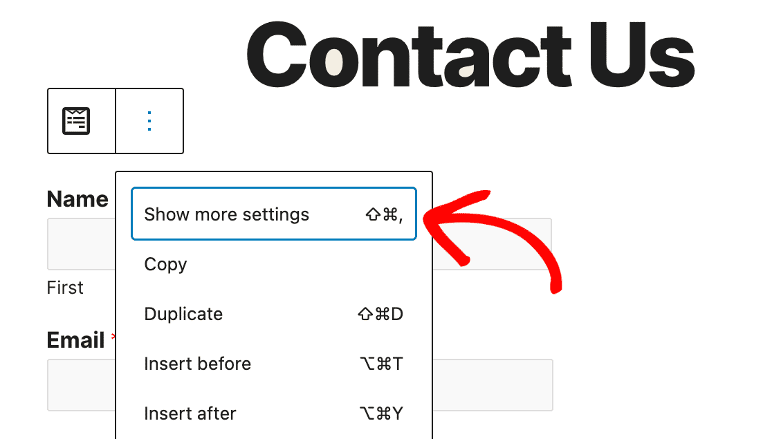 The Show More Settings option in the WPForms block