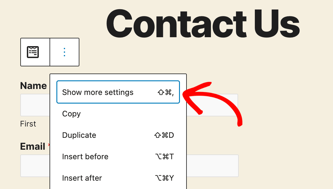 The Show More Settings option in the WPForms block