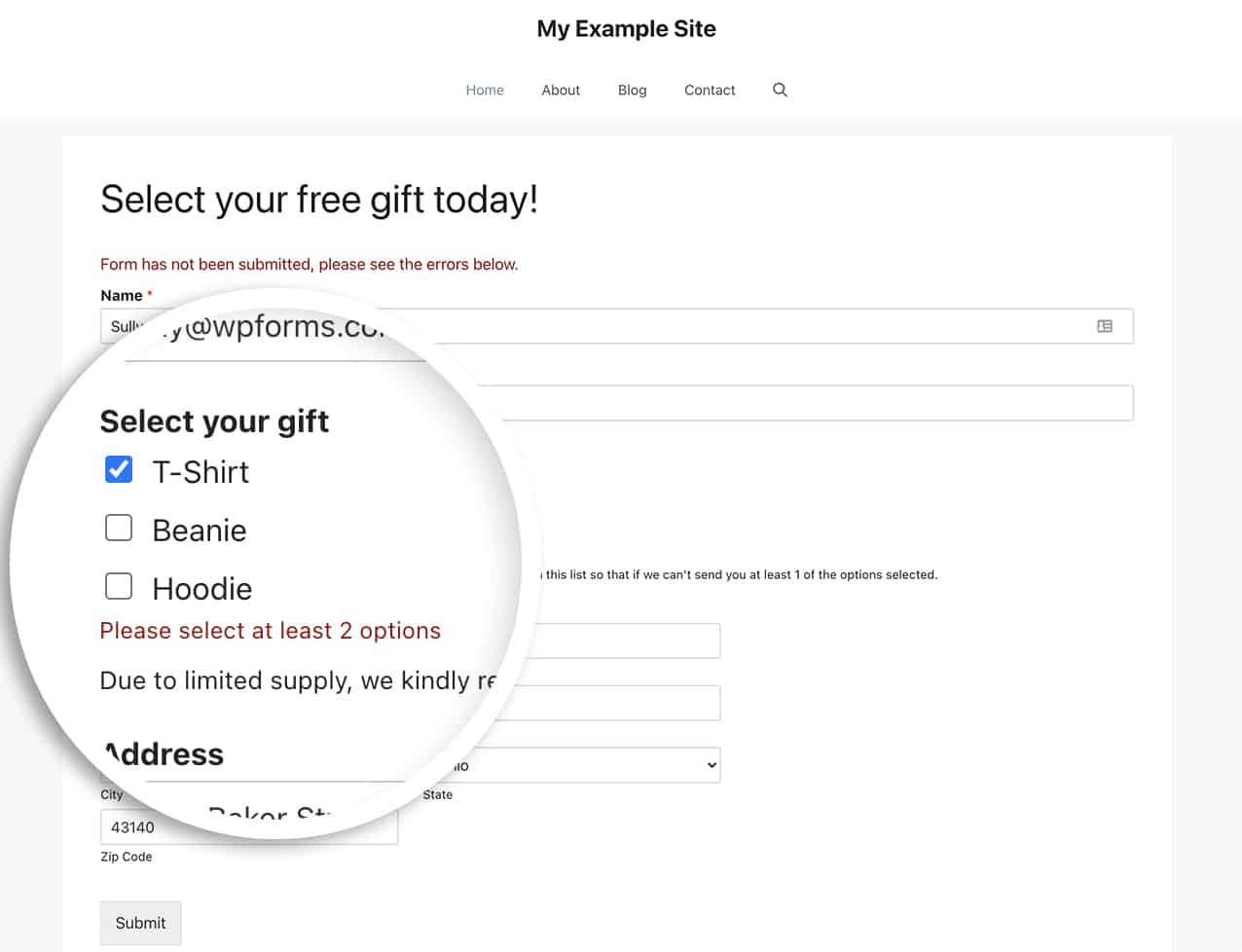 using this snippet to set a minimum number of choices, the users will see an error and the form will not submit when the minimum options have not been met 