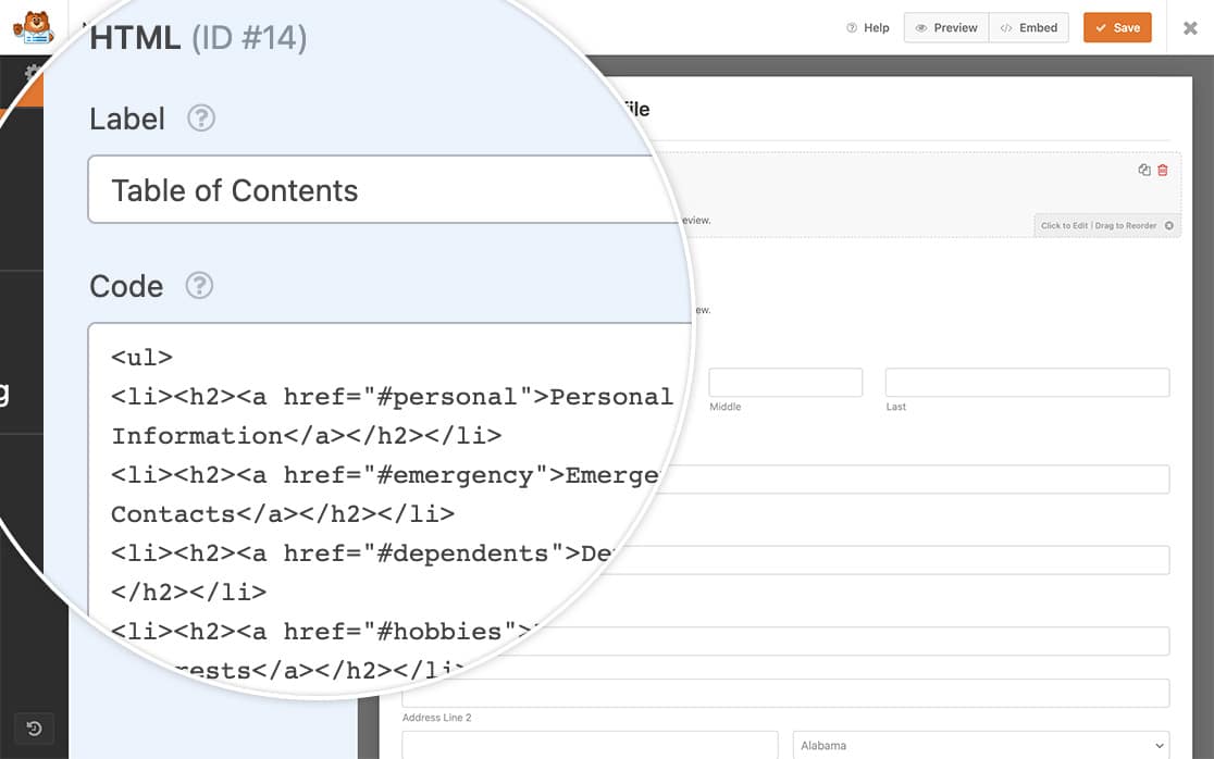 Add the code to your form through the HTML form field to create your table of contents