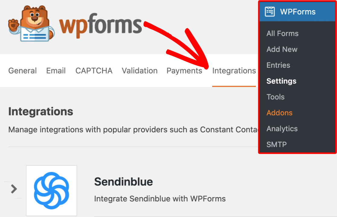 Find Sendinblue On WPForms Integrations Tab