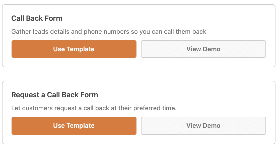 Call back form templates