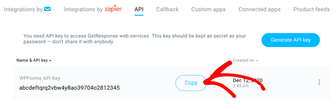 Copy GetResponse API key