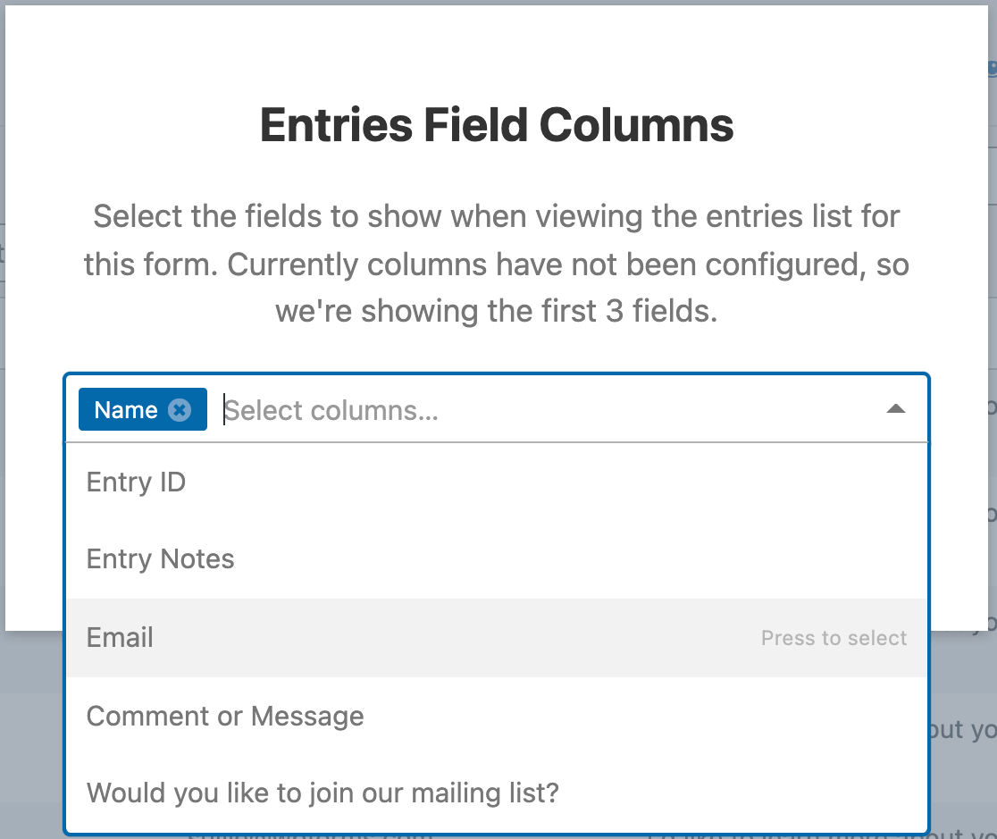 Selecting fields to display in the form entry table