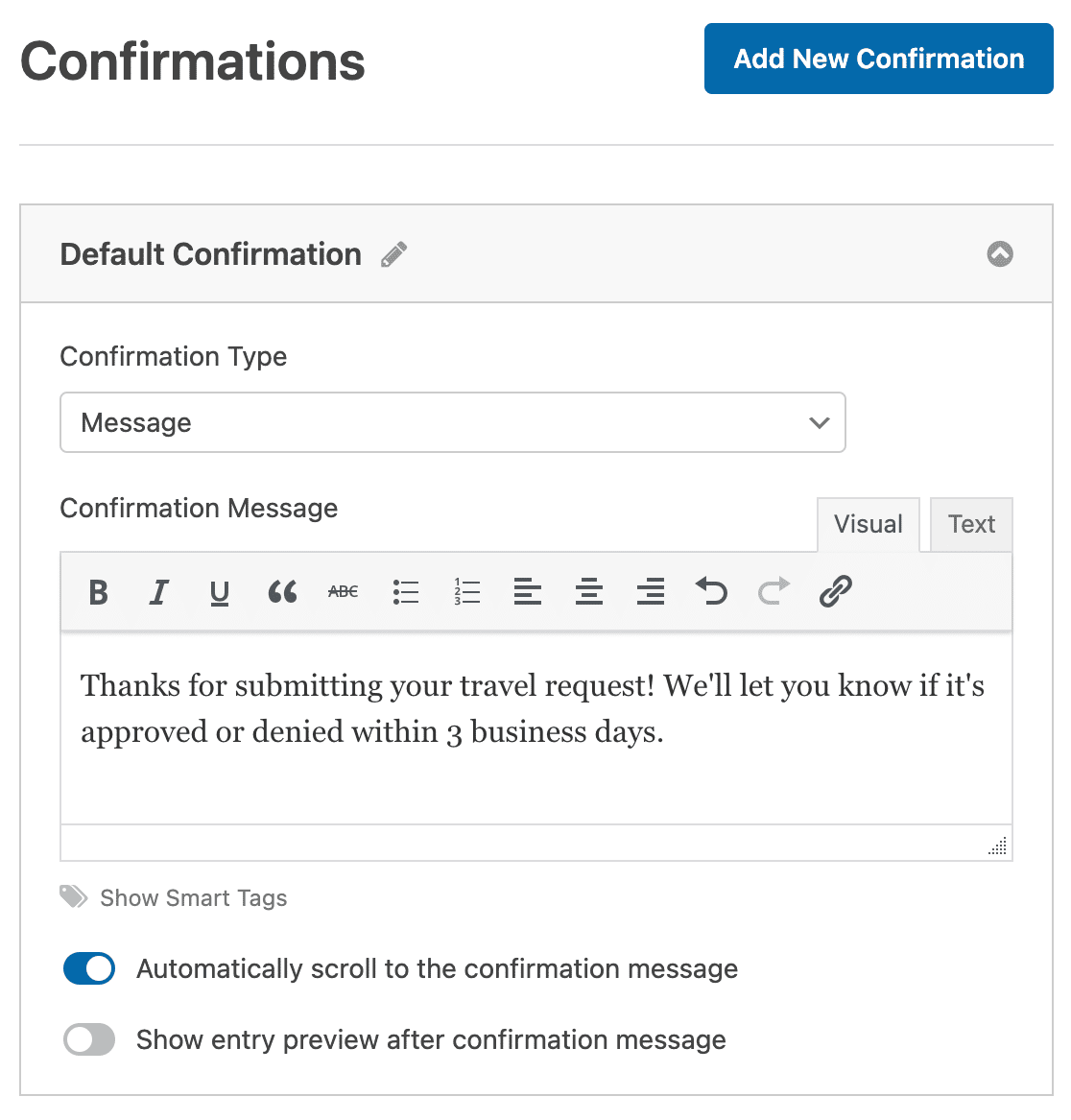 Customizing the travel request form confirmation message