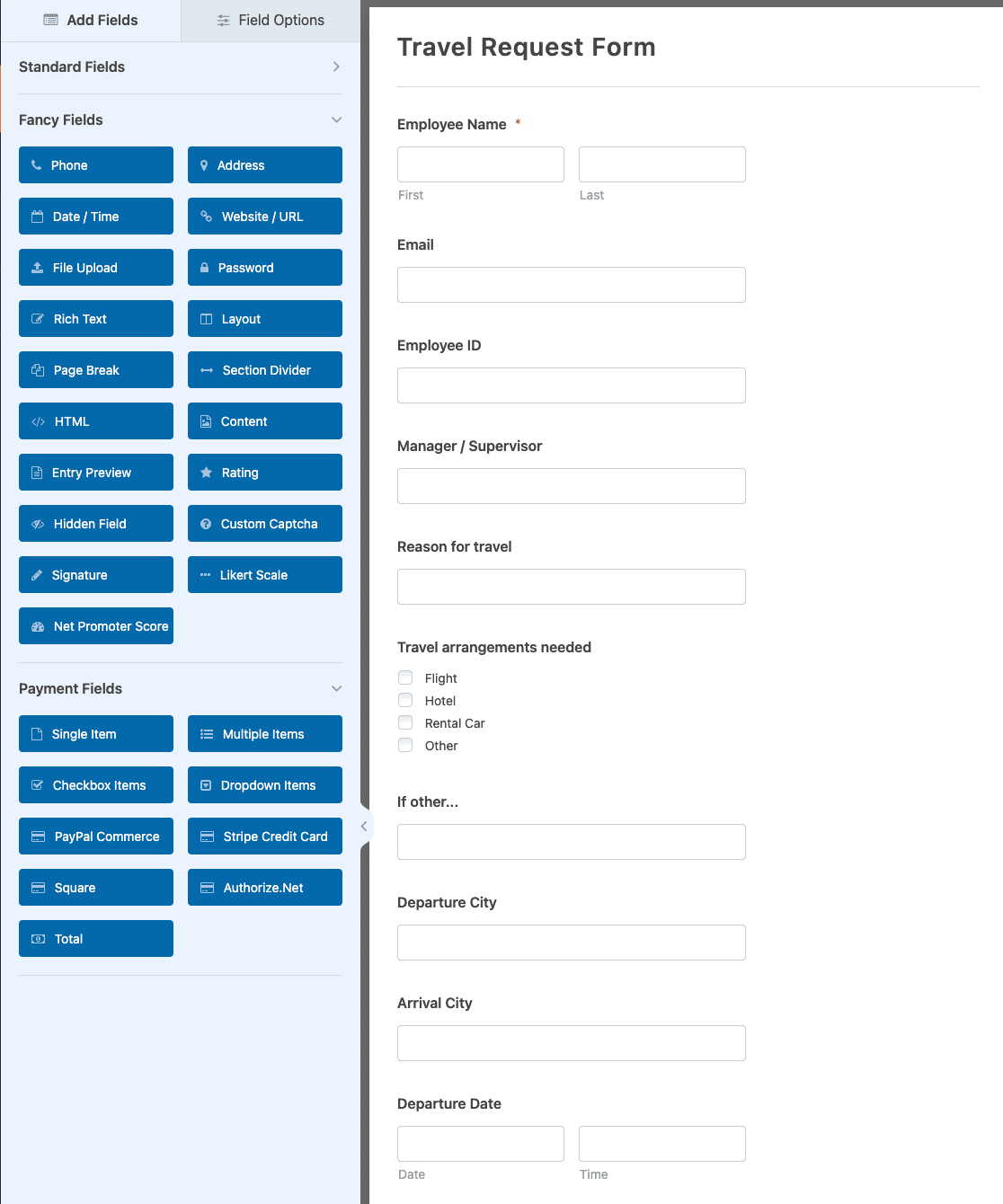 Customizing the Travel Request Form template