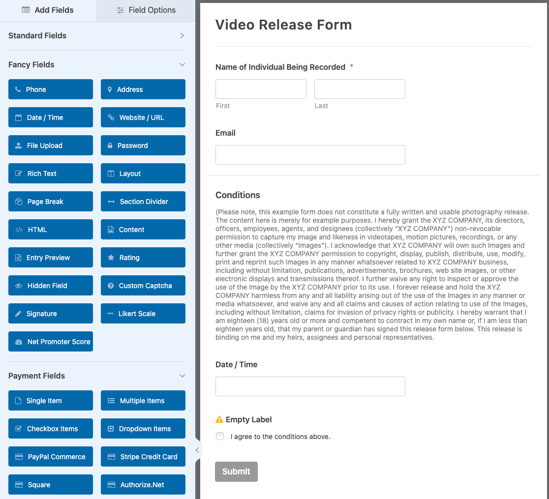 Customizing the Video Release Form template