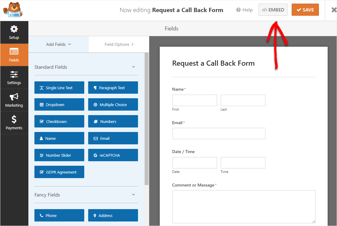embed wordpress request call back form