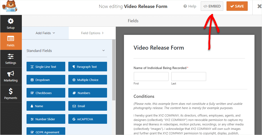 embed your video release form on wordpress