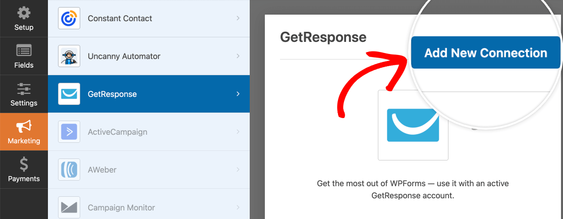 Adding a new GetResponse connection to a form
