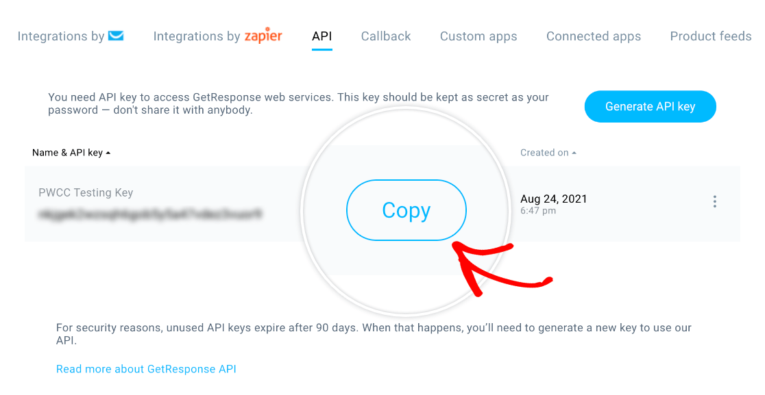 Copying your GetResponse API key