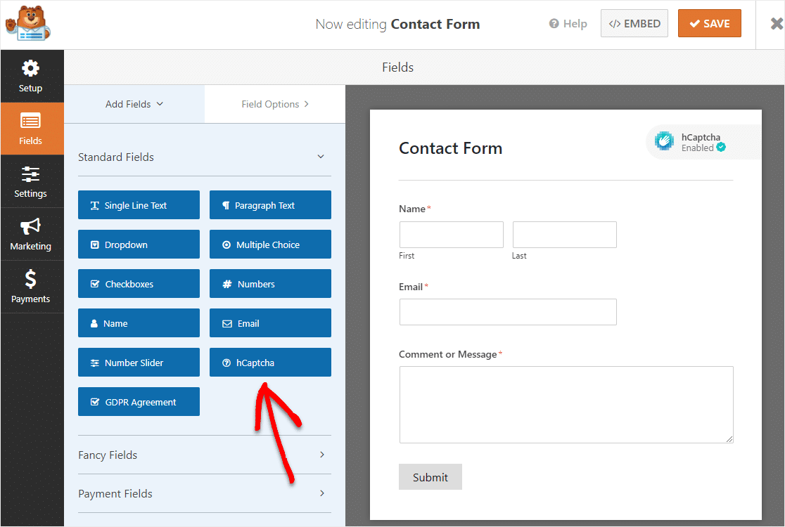 hcaptcha enabled form in wpforms builder