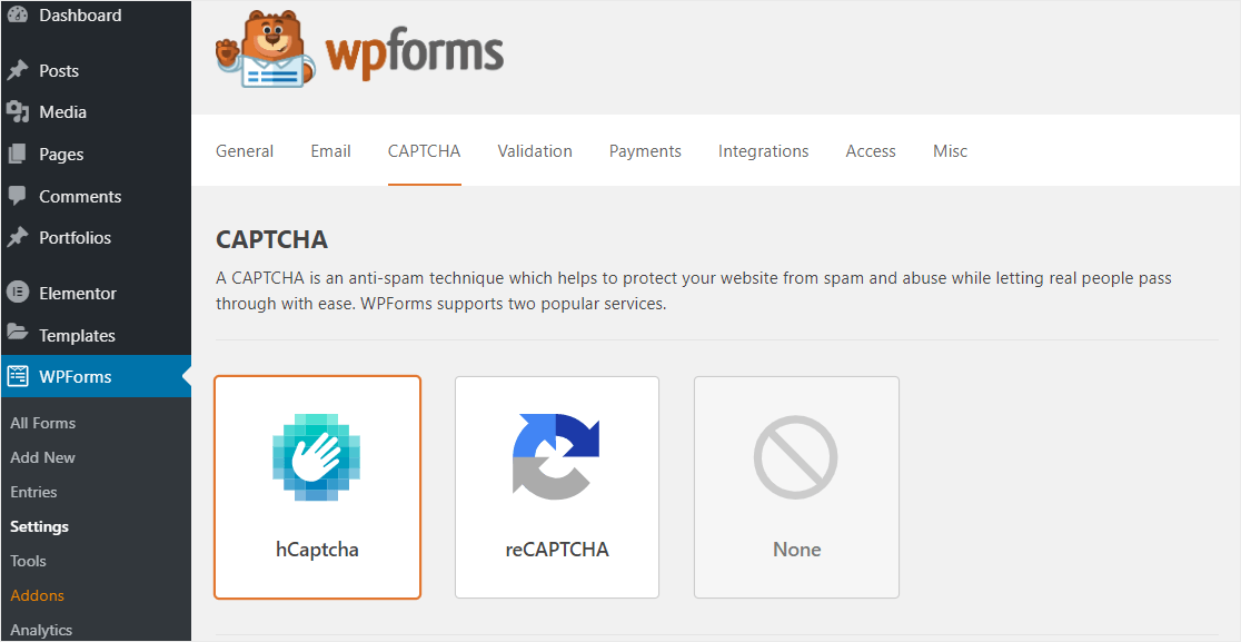 hcaptcha option inside wpforms settings