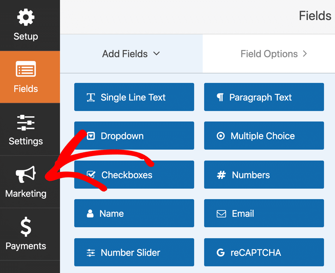 Open the Marketing settings in WPForms