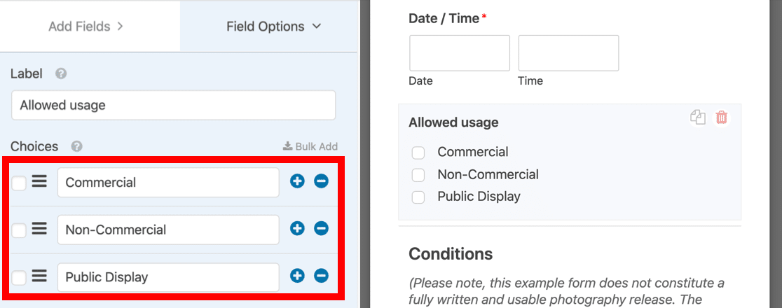 Model release checkbox choices