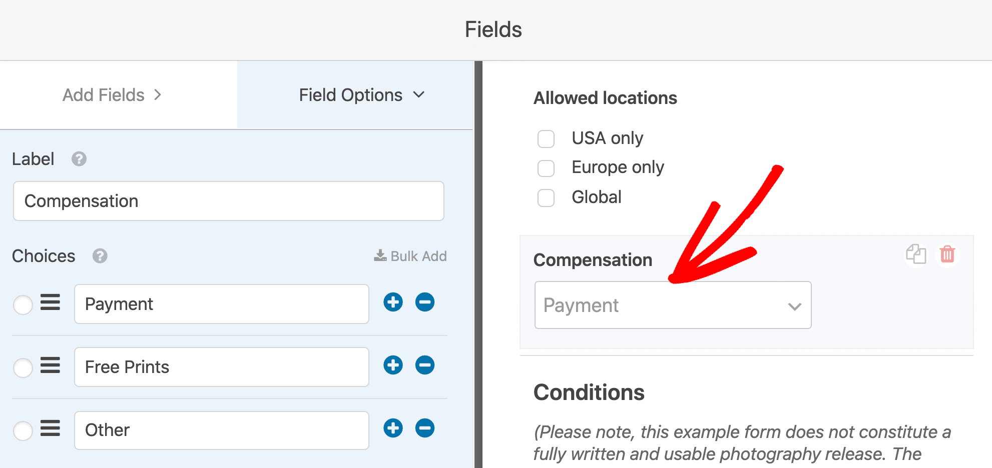 Model release form compensation field