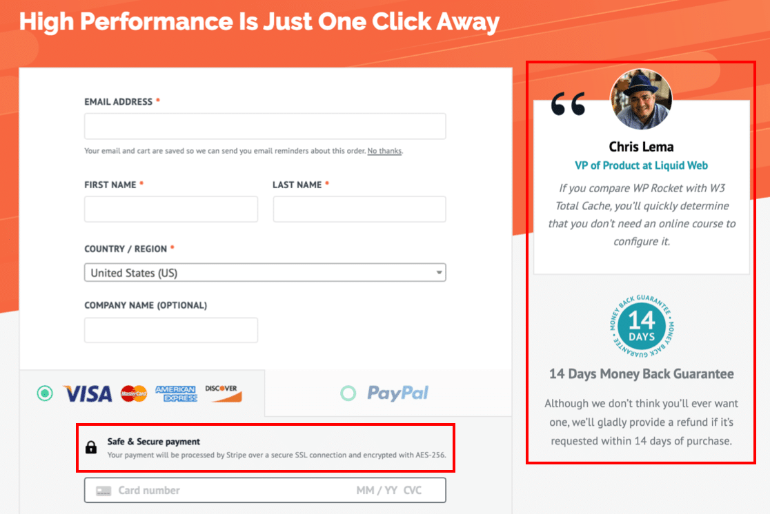 Example of reassurance on landing page forms