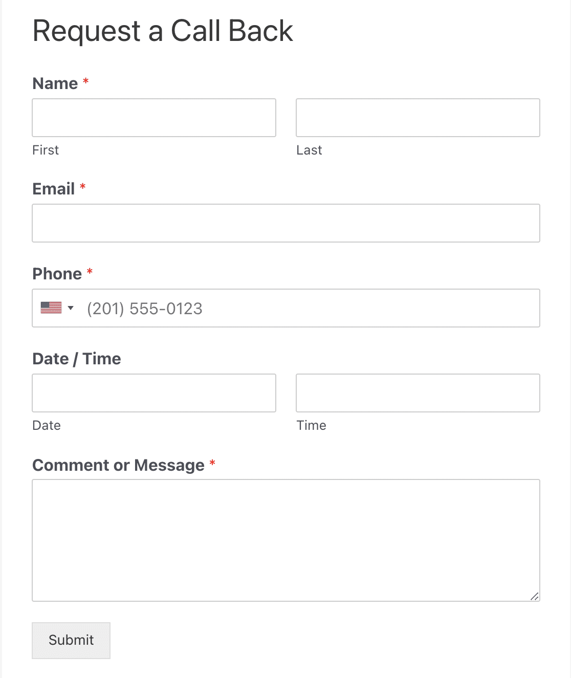 And example of a Request a Call Back form
