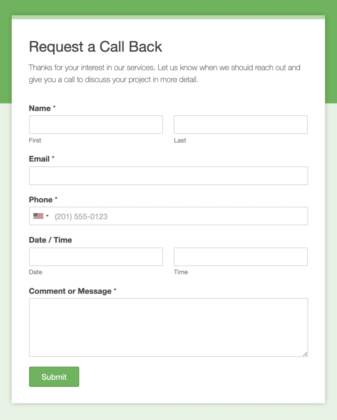 A Request a Call Back form landing page
