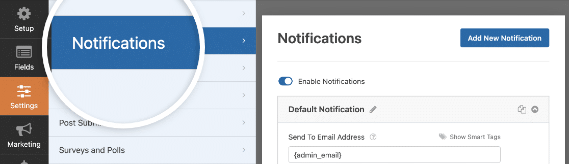 Accessing the notifications settings in the form builder