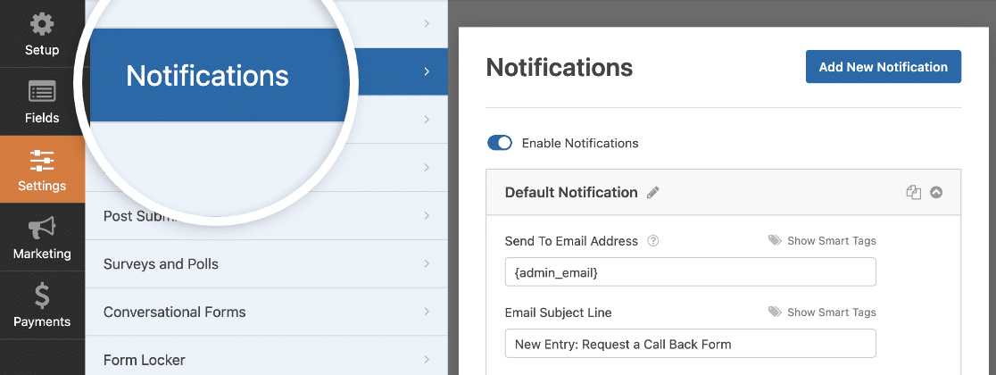 Accessing the notifications settings in the form builder