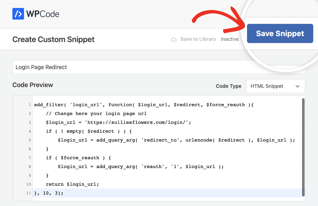 Saving a login page redirect snippet in WPCode