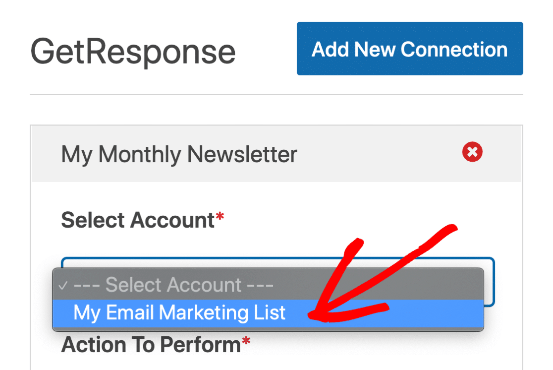 Select GetResponse account in WordPress