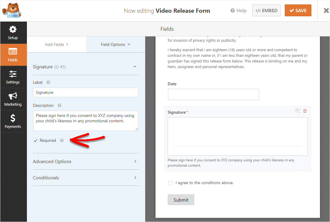 signature field on video release form