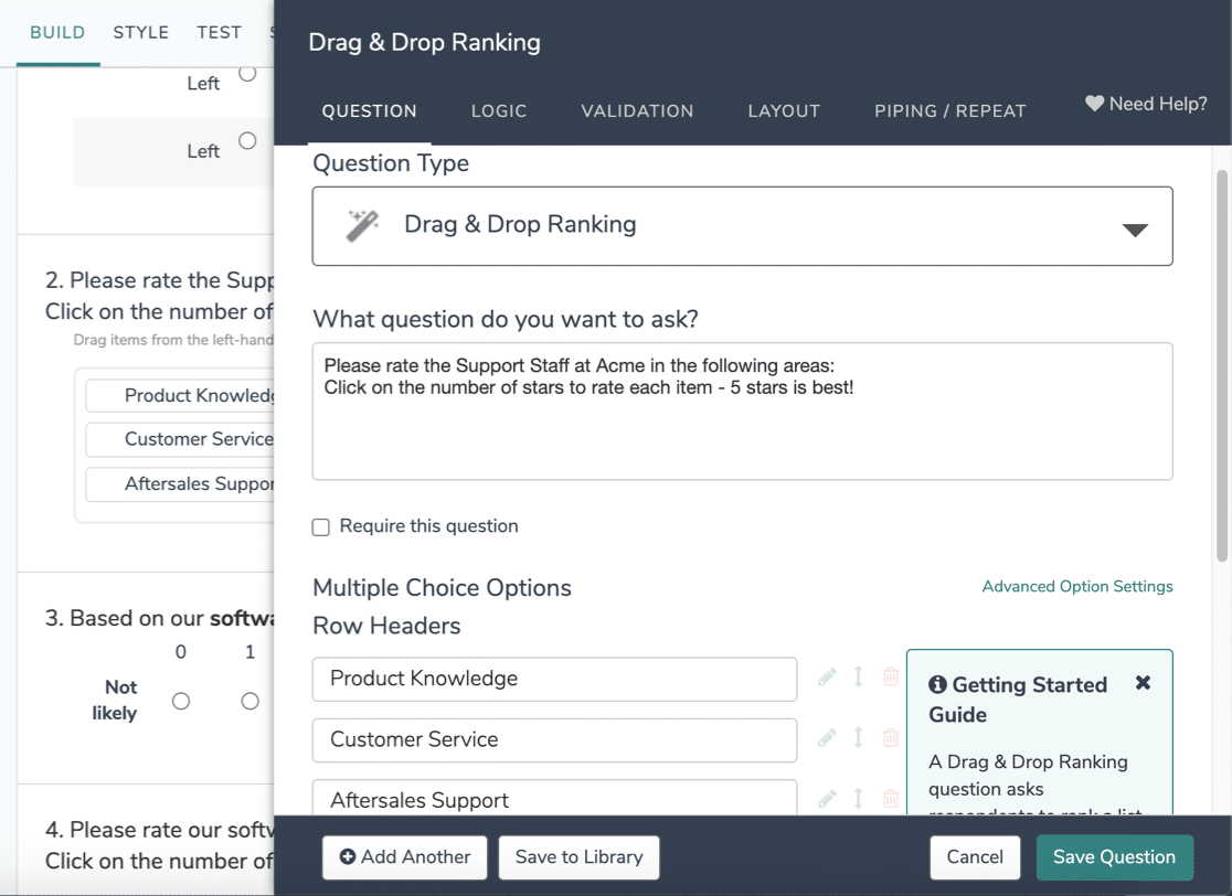 Alchemer drag and drop ranking field