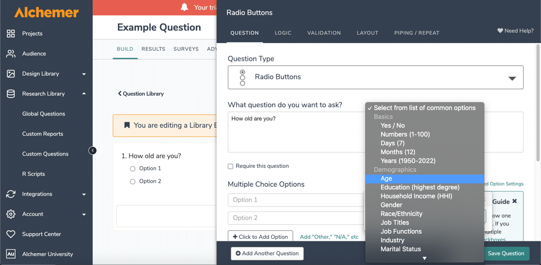 Build reusable questions in Alchemer vs SurveyMonkey