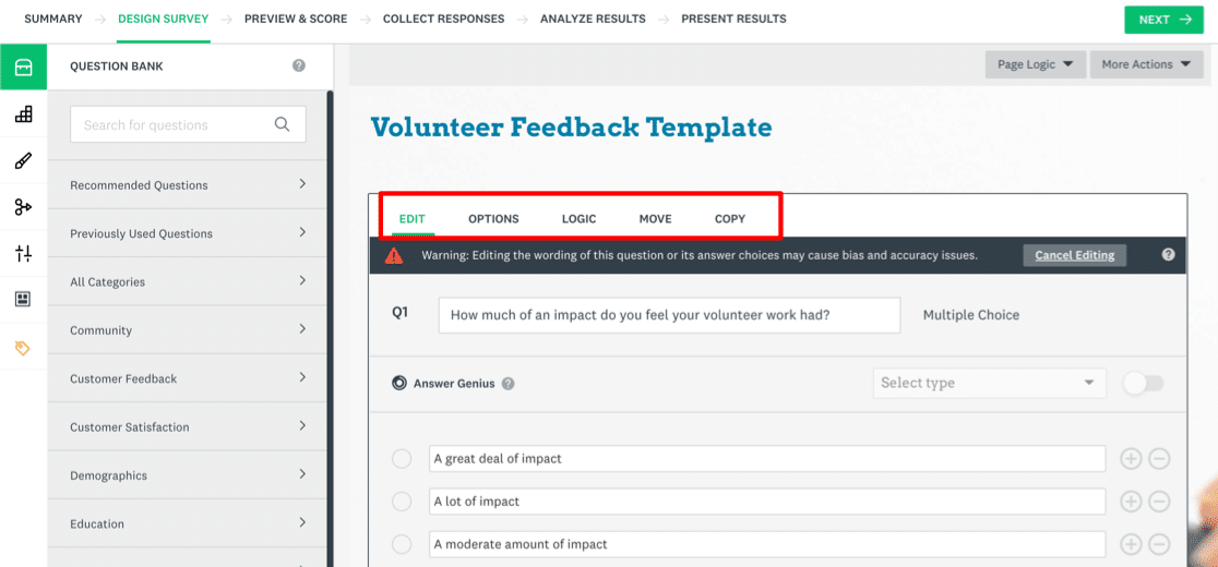 SurveyMonkey question settings