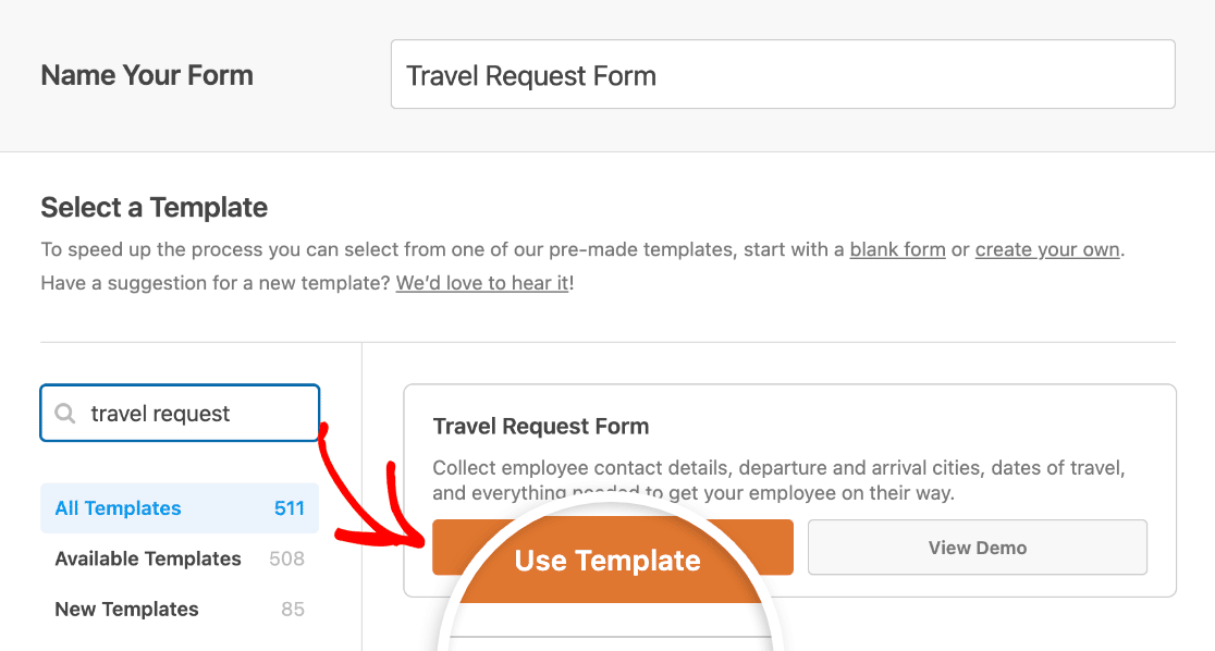 Selecting the Travel Request Form template