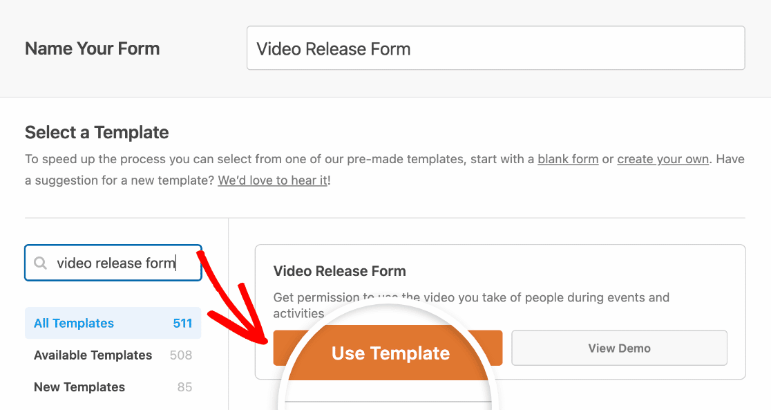 Selecting the Video Release Form template