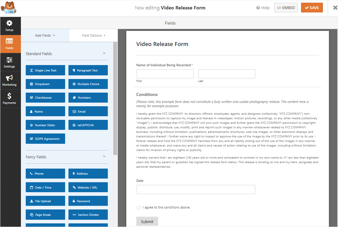 video release form template in wpforms