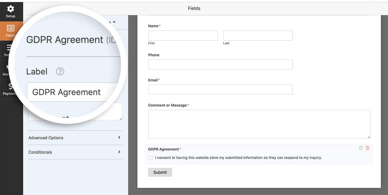 Next, add the GDPR Agreement form field to the form