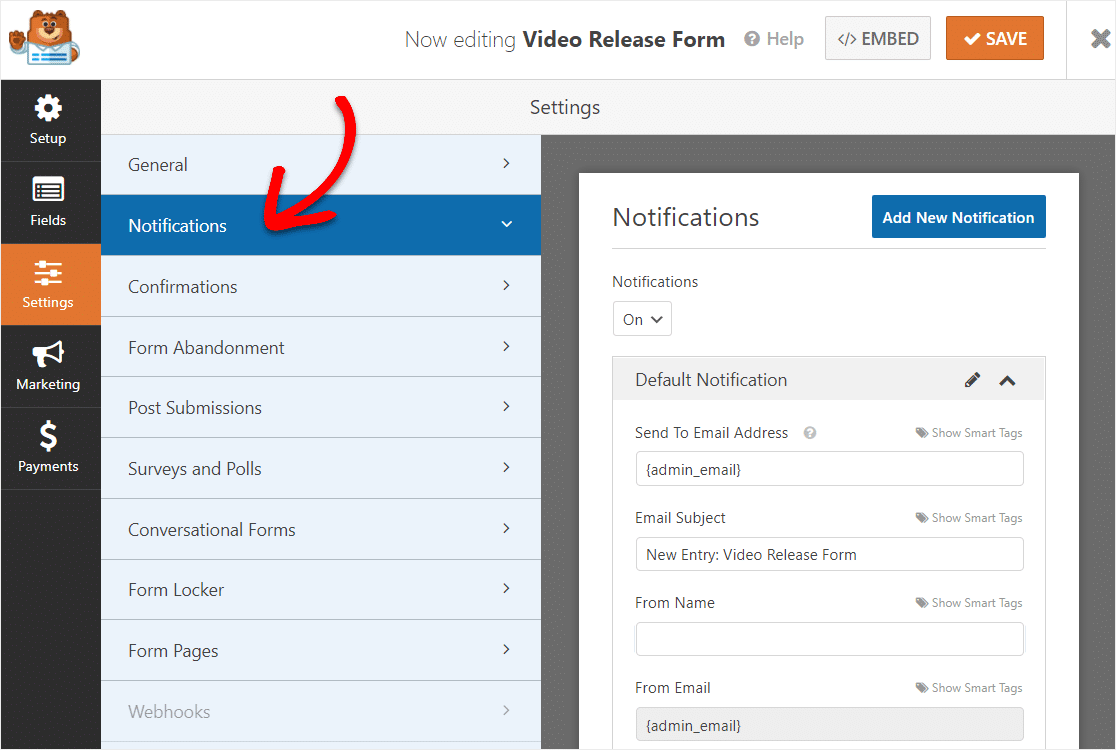 wpforms notification settings on video release form