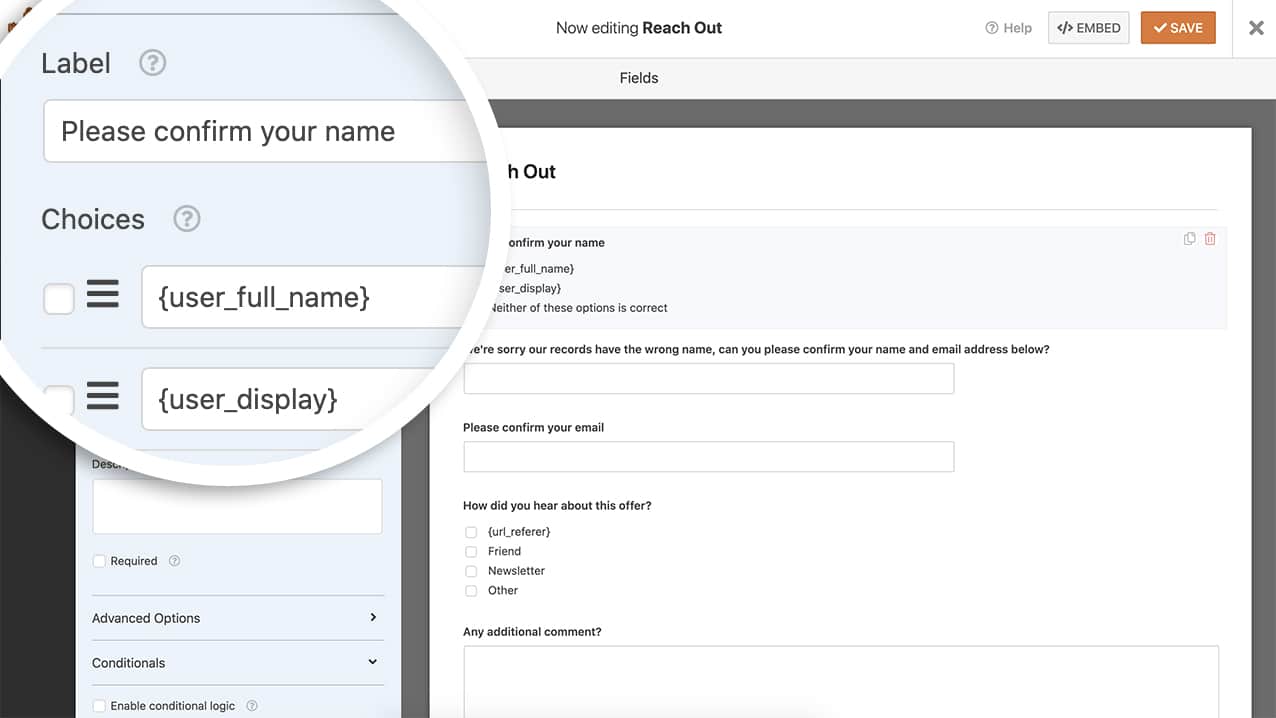 Add the Name field to your form and enter the smart tag you choose for the checkbox label