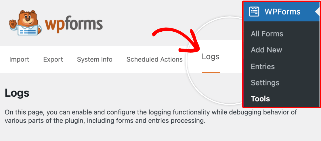 Accessing the WPForms Logs tool