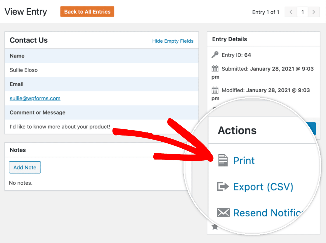 Printing a WPForms entry