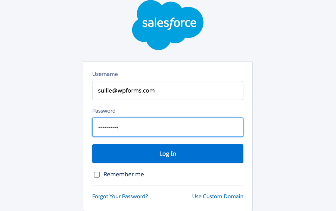 Logging into Salesforce to connect it to WPForms